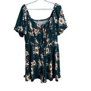 NWOT | Dark Green Floral Off the Shoulder Smocked Puff Sleeve Jumper Romper | 1X